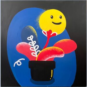 art piece depicting the sun as a smiling face blooming out of a flower with a dark background, symbolising how young people want to have hopes for the future