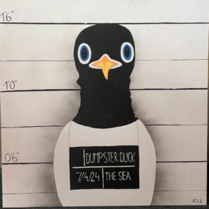 artwork representing a sea gull which has been arrested for dumpster diving.