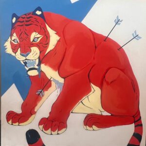 artwork of a tiger sitting in front of a white and blue background with arrows shot through it
