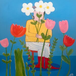 artwork representing the hope for peace in Europe and the world where a man holding flowers in front of his face represent our thoughts and hopes for peace. Flowers are white, pink and red, the man is wearing a yellow shirt and striped trousers, and the picture has a blue background